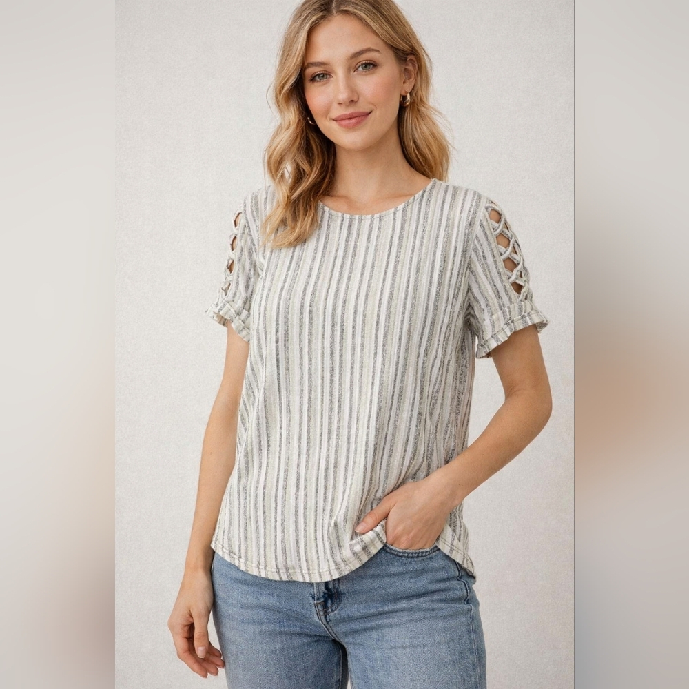 Women’s Striped Short Sleeve Top Criss Cross Sleeve Detail Lightweight Blouse 3X